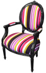 Кресло Louis XVI стиле многоцветная полосатая ткань и черное дерево