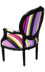 Fauteuil Louis XVI de style baroque tissu rayé multicolore et bois noir