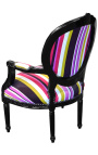 Baroque armchair Louis XVI multicolor striped fabric and black wood