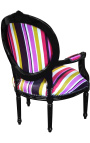 Fauteuil Louis XVI de style baroque tissu rayé multicolore et bois noir