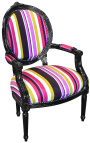 Fauteuil Louis XVI de style baroque tissu rayé multicolore et bois noir