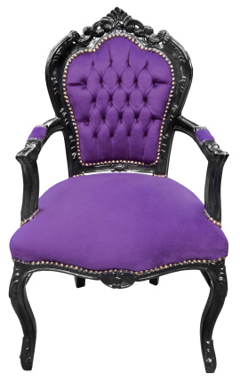 Fauteuil Barok Rococo stijl paarse fluwelen stof en glanzend zwart hout