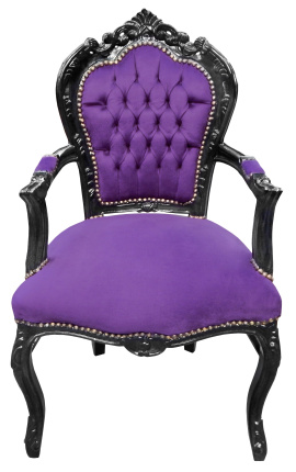 Sessel im Barockstil im Rokoko-Stil, violetter Samtstoff und glänzendes schwarzes Holz