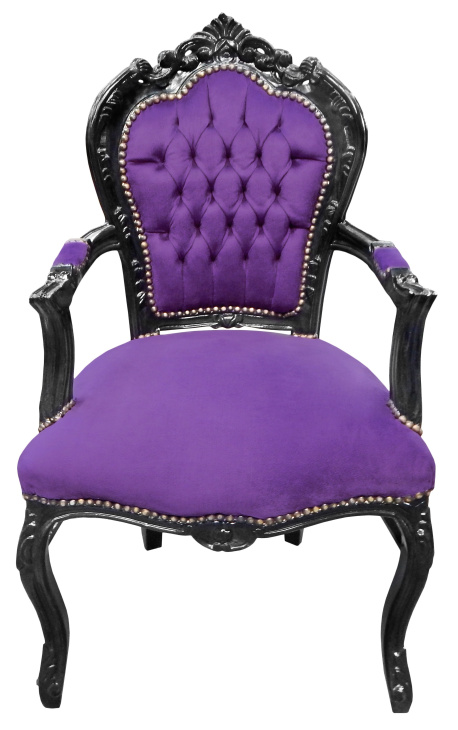 Sessel im Barock-Rokoko-Stil aus violettem Stoff und schwarz lackiertem Holz 