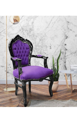 Sessel im Barock-Rokoko-Stil aus violettem Stoff und schwarz lackiertem Holz 