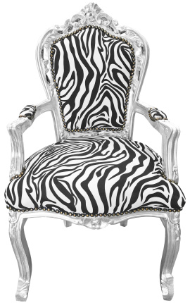 Atzveltnes krēsls Baroka rokoko stila zebras apdrukas audums un sudraba lapu koks