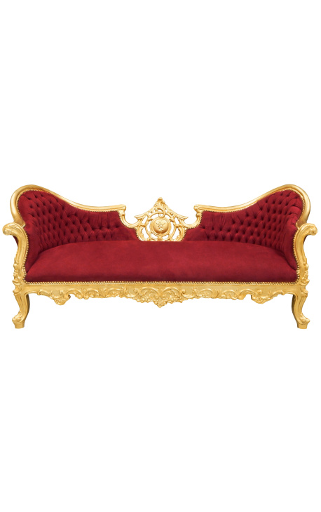Sofà barroc Napoléon III teixit de vellut medaillon vermell bordeus i fusta daurada
