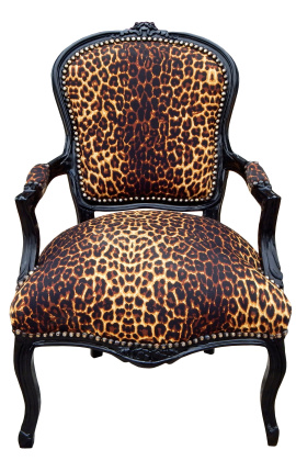 Barok fauteuil van Louis XV luipaardstof en zwart gelakt hout