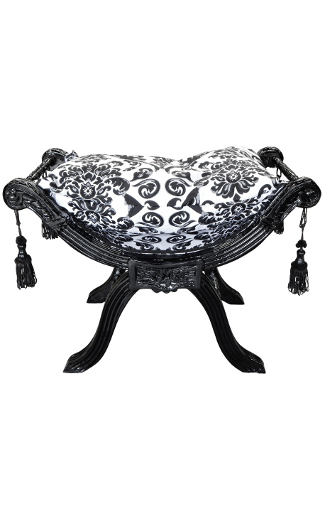 Banquette "Dagobert" tissu motifs floraux noir et bois noir