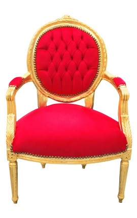 Barokkityylinen nojatuoli Louis XVI tyyliin punaista samettia ja kultapuuta