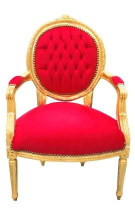 Baroko fotelis Louis XVI Stilius raudonas aksomas ir aukso mediena - 1
