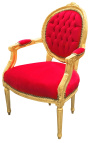 Fauteuil Louis XVI de style baroque velours rouge et bois doré