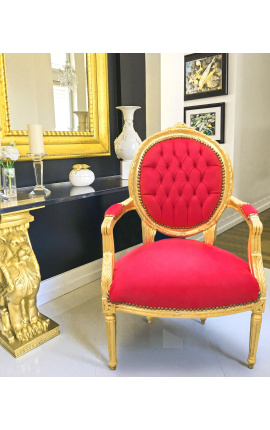 Baroque armchair Louis XVI style red velvet and gold wood