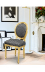 Chaise de style Louis XVI à pompon avec tissu noir à pois et bois doré