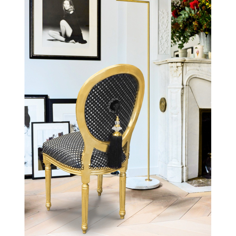 Louis XVI style chair black satin fabric with peas, tassel and
