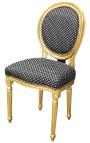 Cadeira estilo Luís XVI com pompom em tecido de bolinhas pretas e madeira dourada