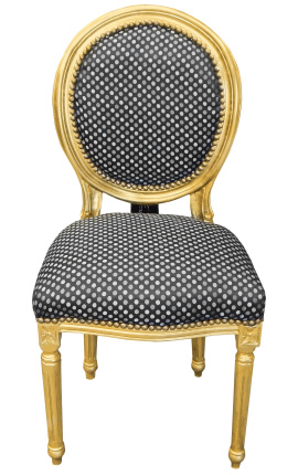 Louis XVI style chair with tassel black satine fabric and gold wood