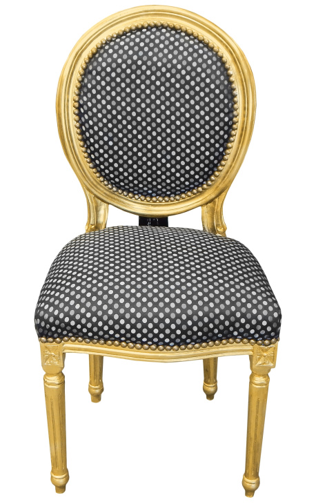 Chaise de style Louis XVI à pompon avec tissu noir à pois et bois doré