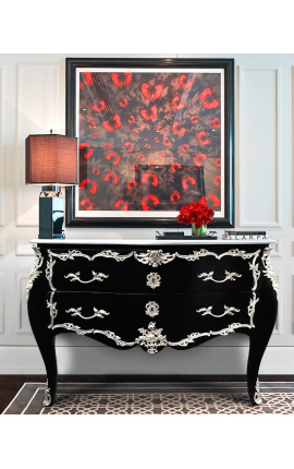 Baroque chest of drawers (commode) of style black Louis XV with silvered bronze and 2 drawers