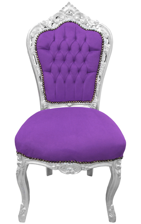 Chaise de style Baroque Rococo tissu velours mauve et bois argenté