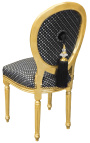 Louis XVI style chair with tassel peas fabric black and gold wood 