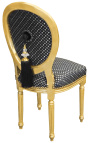 Sedia in stile Luigi XVI con pompon con tessuto a pois nero e legno dorato