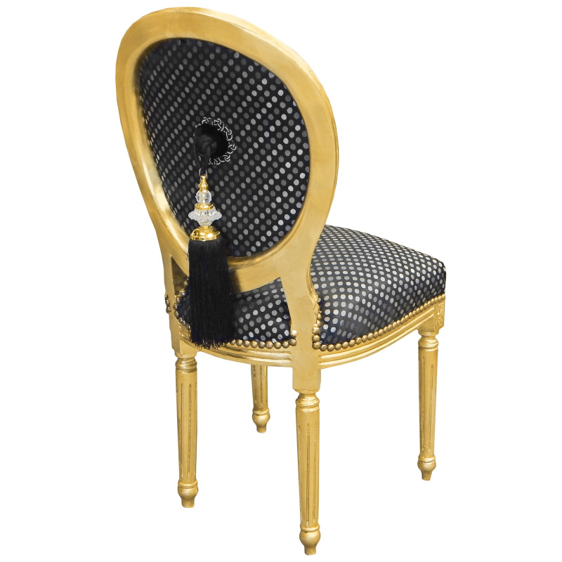Louis XVI style chair black satin fabric with peas, tassel and gold wood