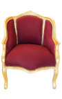 Bergère tecido estilo louis XV veludo vermelho Borgonha e madeira dourada