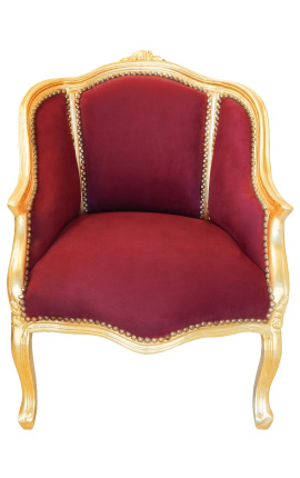Bergere-Sessel im Louis-XV-Stil aus burgunderrotem (rotem) Samt und goldenem Holz