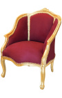 Bergere-Sessel im Louis-XV-Stil aus burgunderrotem (rotem) Samt und goldenem Holz