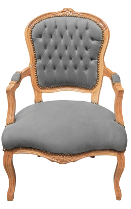 Fotel z szarego aksamitu w stylu Ludwika XV i naturalnego drewna