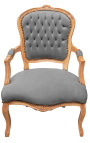 Fauteuil in Louis XV-stijl grijs fluweel en natuurlijke houtkleur