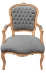 Πολυθρόνα σε γκρι βελούδο στυλ Louis XV και φυσικό χρώμα ξύλου