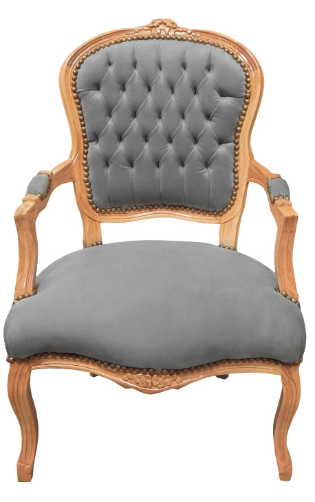 Fauteuil de style Louis XV velours gris et bois naturel