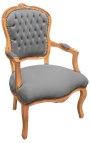 Sessel aus grauem Samt im Louis-XV-Stil und natürlicher Holzfarbe