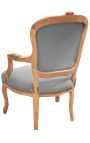 Fauteuil de style Louis XV velours gris et bois naturel