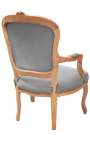 Armchair of Louis XV style grey velvet and natural wood color