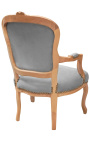 Fauteuil de style Louis XV velours gris et bois naturel