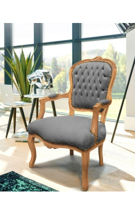 Fauteuil de style Louis XV velours gris et bois naturel