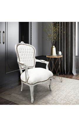 Fauteuil baroque de style Louis XV simili cuir blanc et bois argent