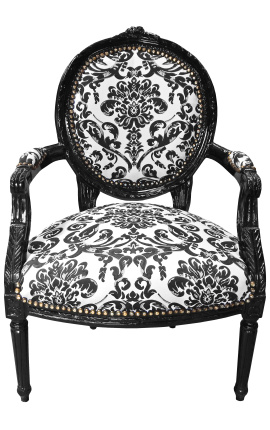 Barok lænestol Louis XVI stil med sort blomsterstof, sort træ - 1