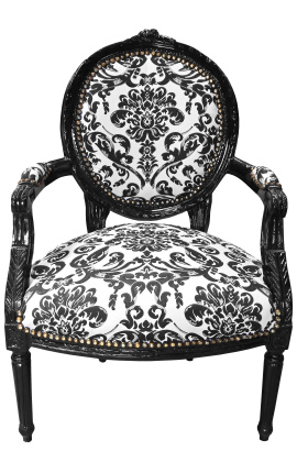 Poltrona Louis XVI estilo barroco com tecido floral preto e madeira preta