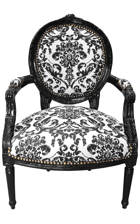 Fotoliu baroc Louis XVI Stil cu țesătură florală neagră, lemn negru - 1