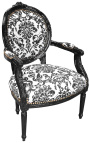 Baroque armchair Louis XVI style with black floral fabric, black wood