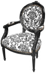 Fauteuil Louis XVI de style baroque tissu motifs floraux noir et bois noir