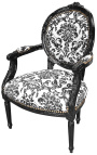 Барокко кресло стиль Louis XVI с черной цветочной тканью, черное дерево