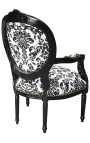 Barocker Sessel im Louis XVI-Stil mit schwarzem Blumenstoff, schwarzem Holz