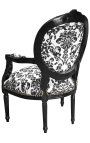 Barokke fauteuil Louis XVI-stijl met zwarte bloemenstof, zwart hout