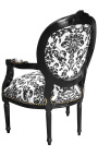 Fauteuil Louis XVI de style baroque tissu motifs floraux noir et bois noir