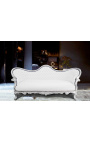 Canapé baroque Napoléon III tissu simili cuir blanc et bois argent